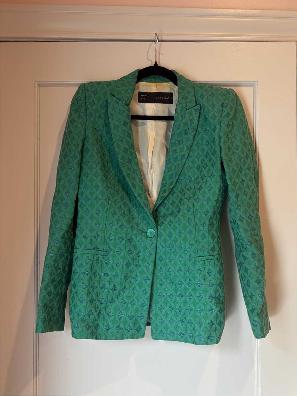Zara Green Patterned Single-Button Blazer